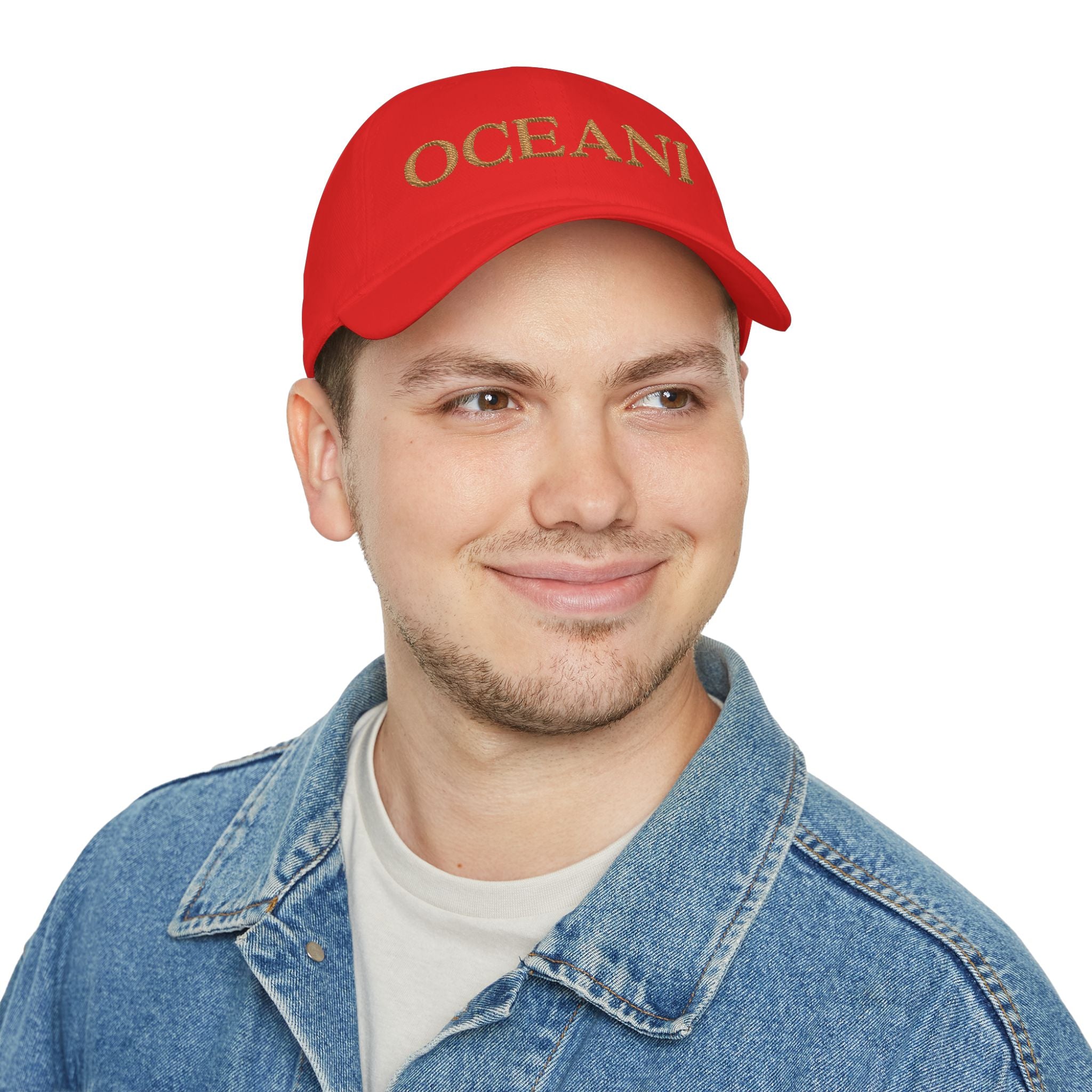 OCEANI Glitter Script Baseball Cap — Red Low-Profile Hat for Beach, Travel & Casual Wear