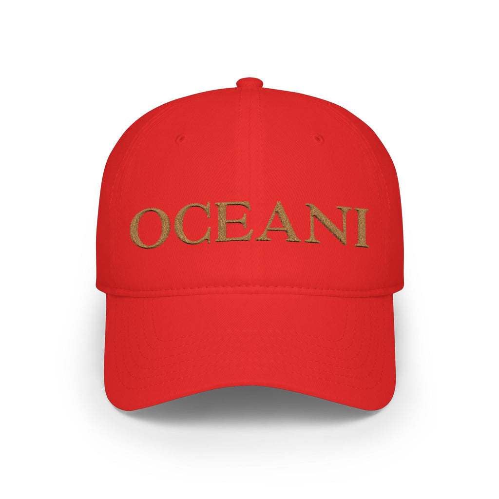 OCEANI Glitter Script Baseball Cap — Red Low-Profile Hat for Beach, Travel & Casual Wear