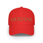 OCEANI Glitter Script Baseball Cap — Red Low-Profile Hat for Beach, Travel & Casual Wear